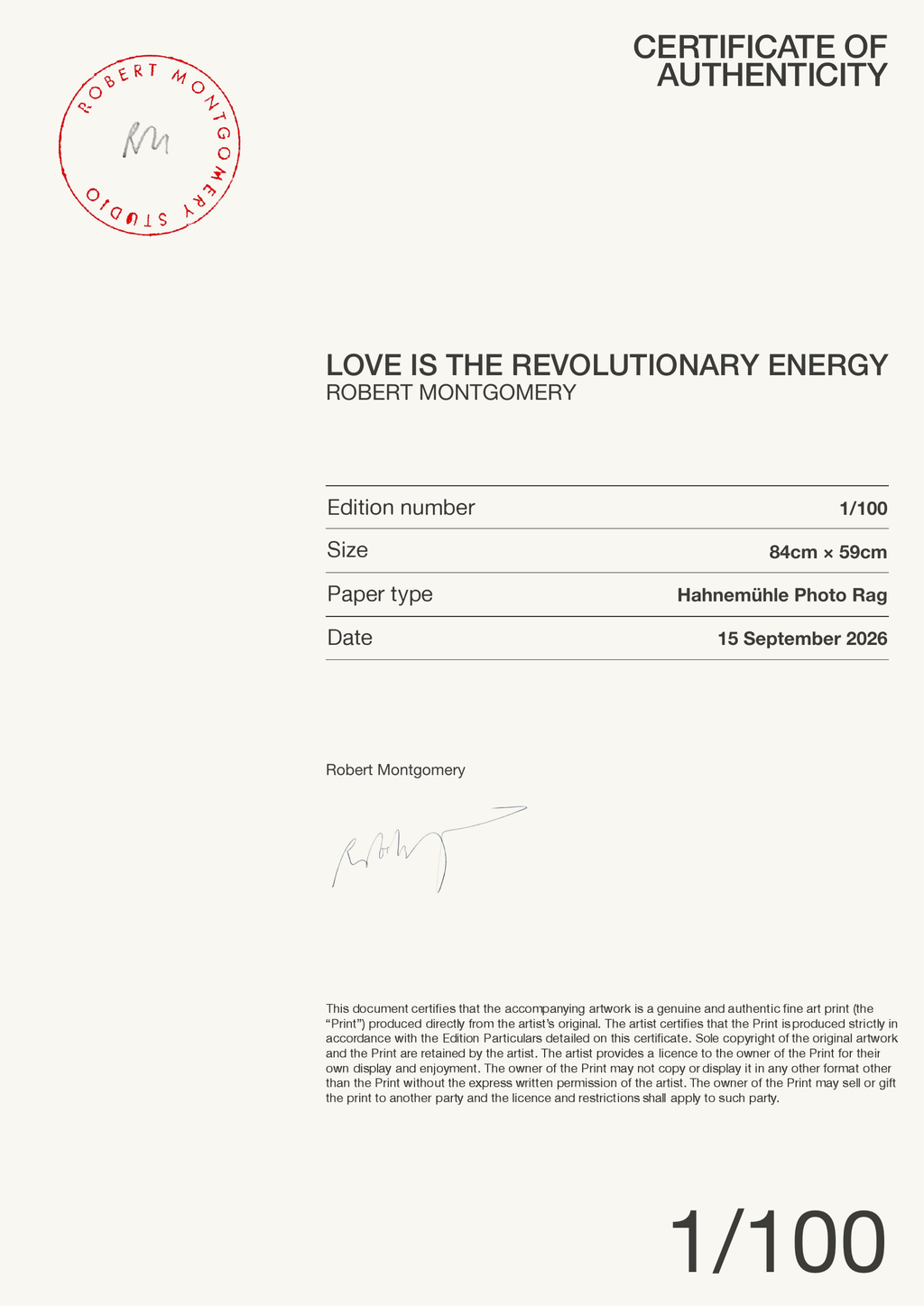 LOVE IS THE REVOLUTIONARY ENERGY — Certificate of Authenticity