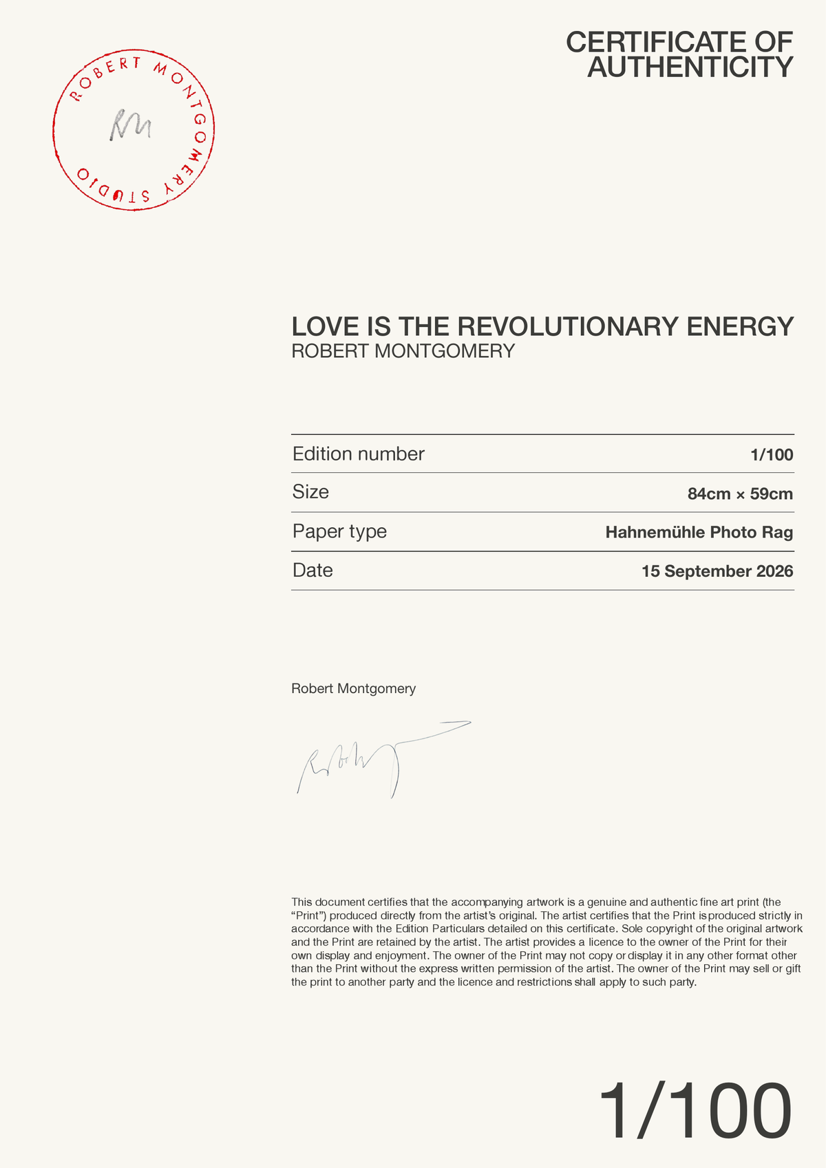 LOVE IS THE REVOLUTIONARY ENERGY — Certificate of Authenticity