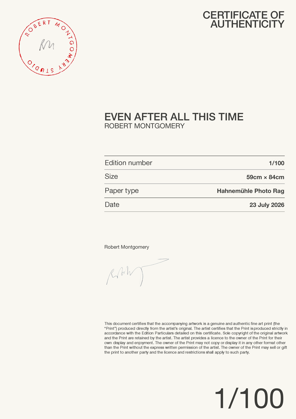 EVEN AFTER ALL THIS TIME — Certificate of Authenticity