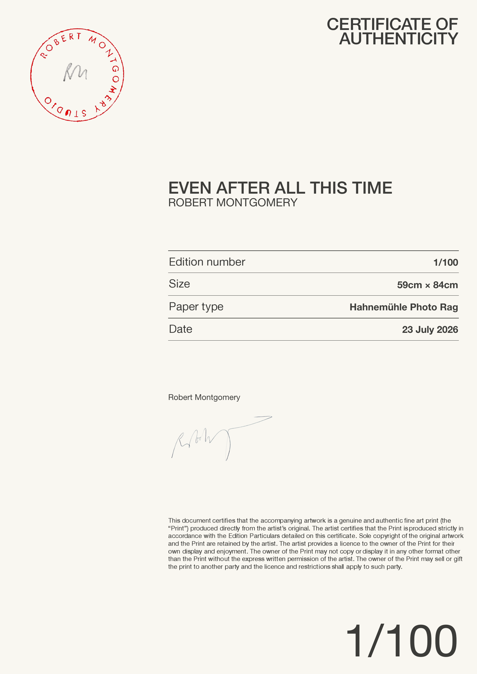 EVEN AFTER ALL THIS TIME — Certificate of Authenticity