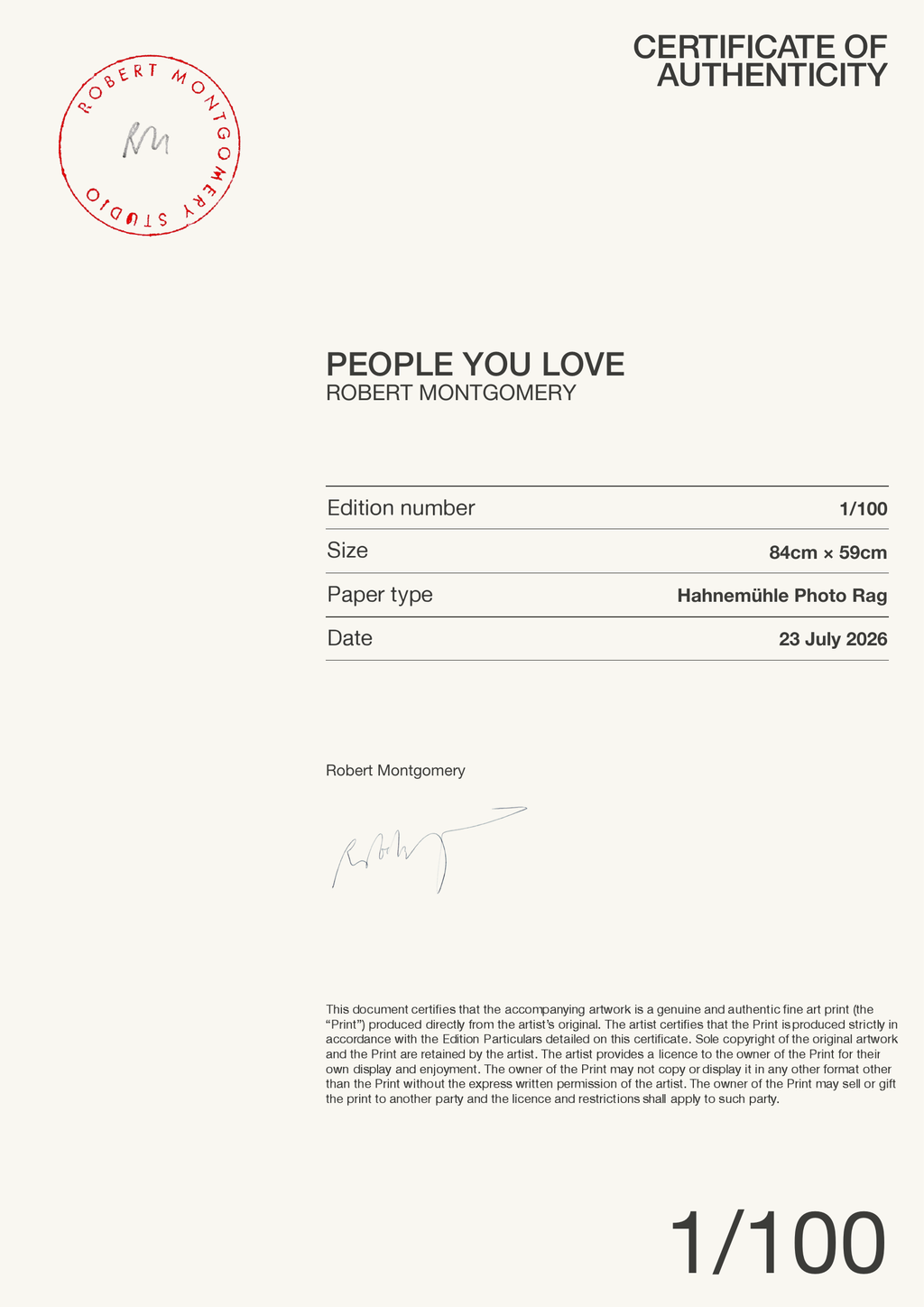 PEOPLE YOU LOVE — Certificate of Authenticity