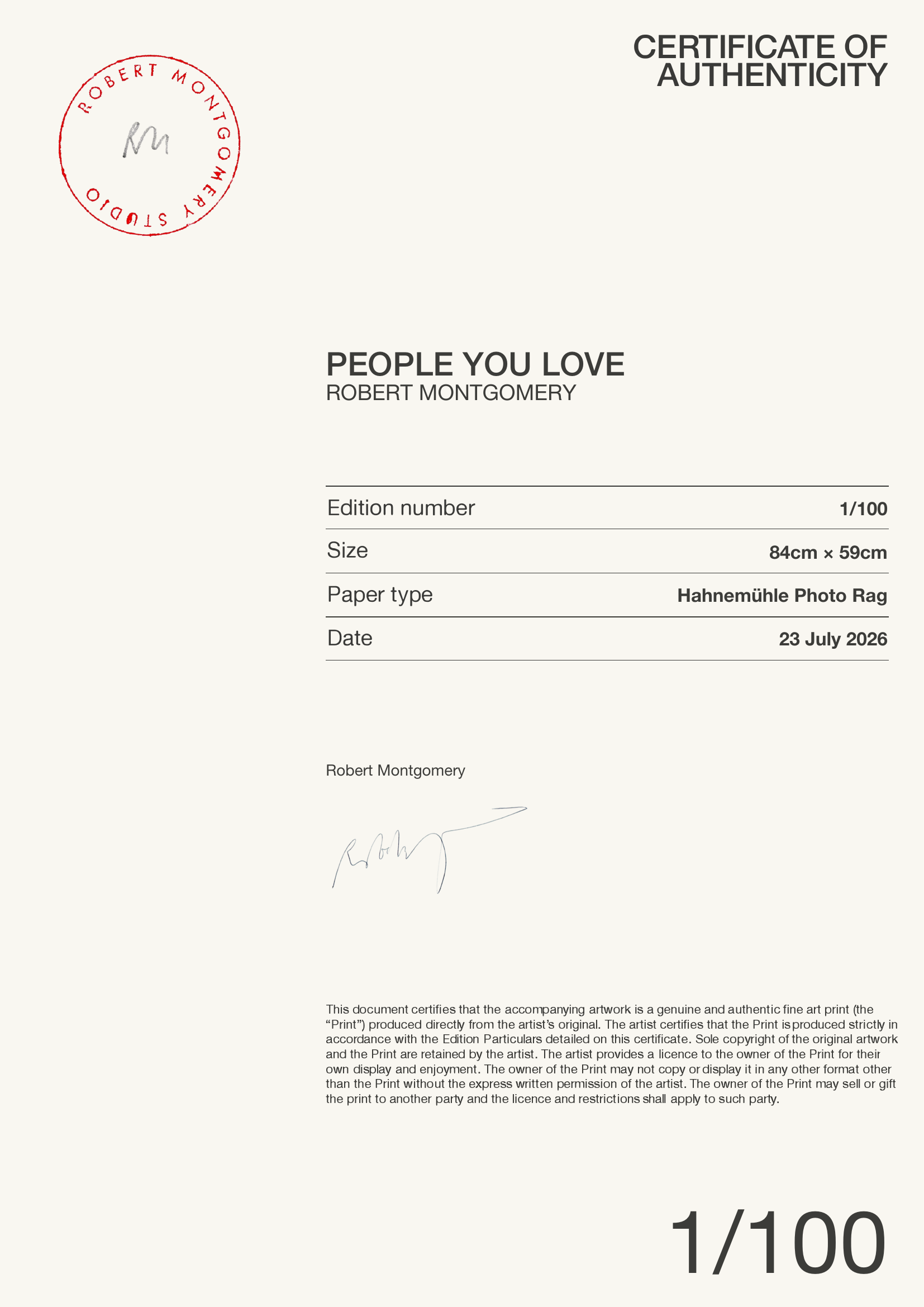 PEOPLE YOU LOVE — Certificate of Authenticity