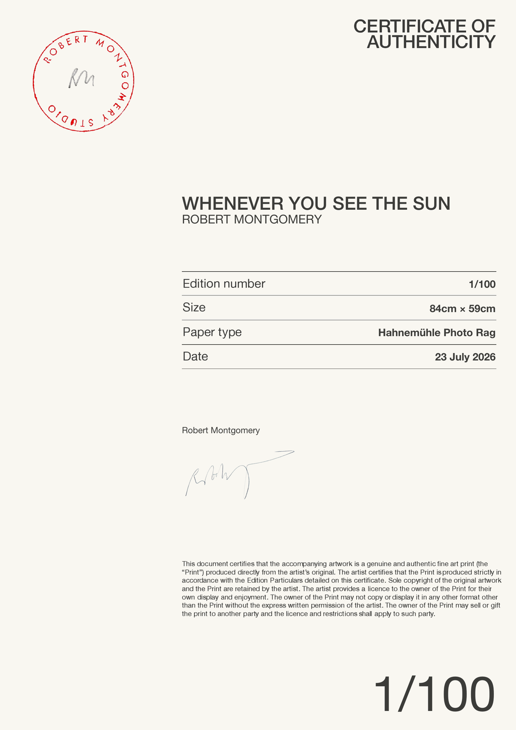 WHENEVER YOU SEE THE SUN — Certificate of Authenticity
