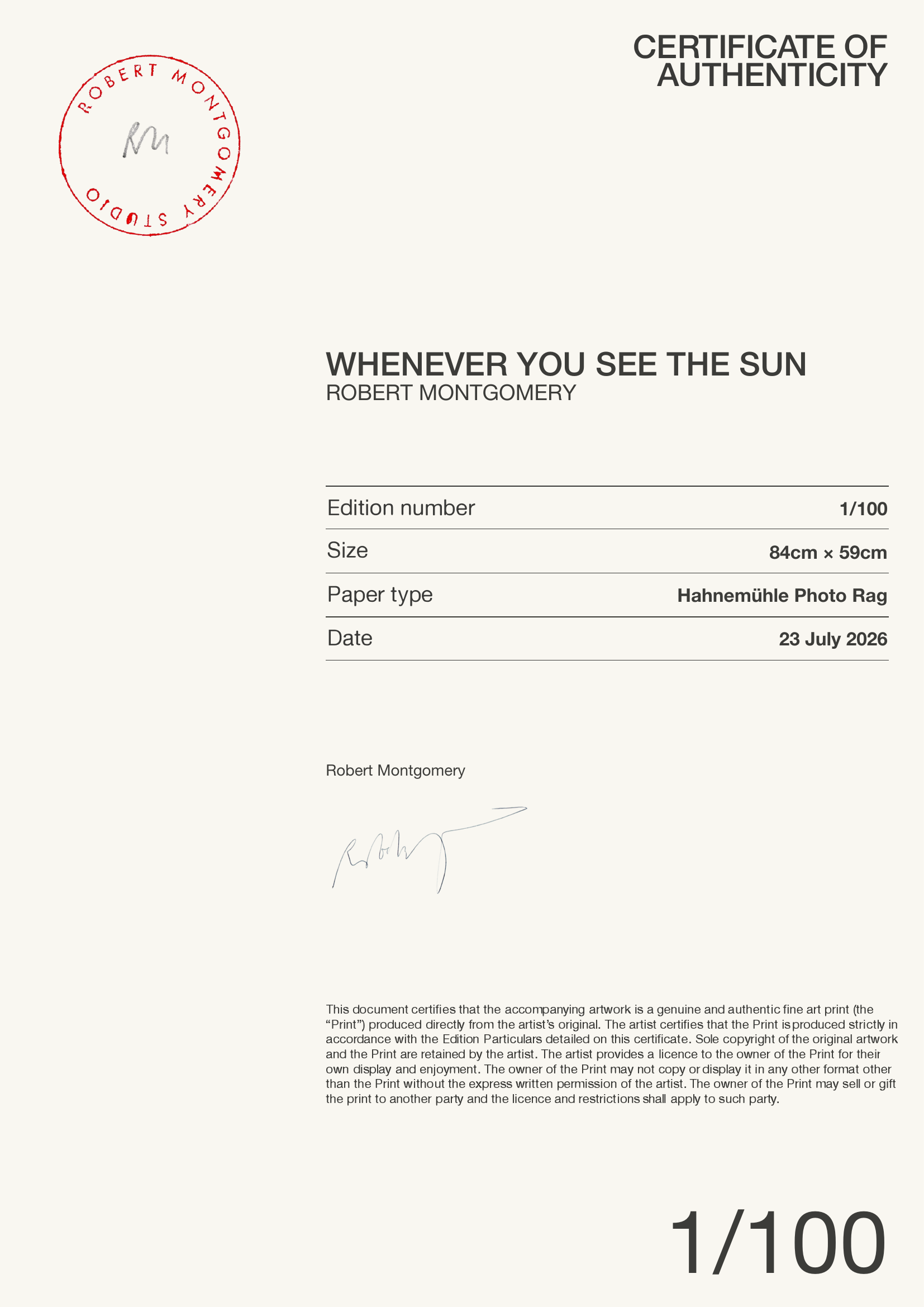 WHENEVER YOU SEE THE SUN — Certificate of Authenticity